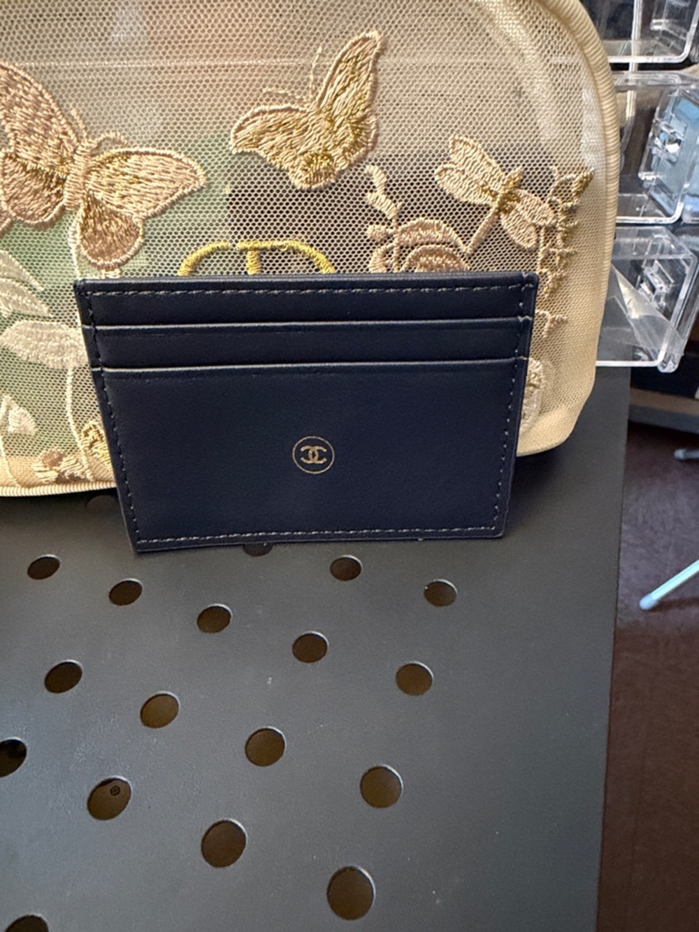 CHANEL Navy Leather Card Case with Gold CC Emblem. Authentic